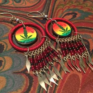 Artisan hippie leaf dangle statement fringe 70s earrings